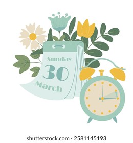 Spring forward in Europe 2025, change clock forward one hour, Daylight Saving Time web reminder banner in flat style. Clocks with arrow turning forward an hour