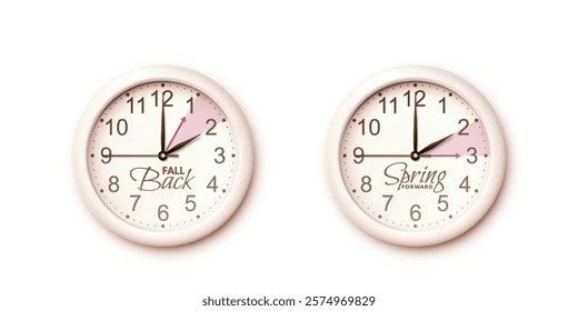 Spring Forward and Fall back design elements. Daylight saving time ends. Realistic clock isolated on white background. 3d Clock face with hands moving ahead and backward one hour. Vector illustration