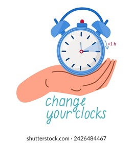 Spring forward fall back illustration with clock.  Human hand is turning the clock hands forward by an hour. Web banner of alarm clock with call to switch to dst.