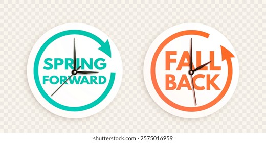 Spring Forward and Fall back stickers isolated on transparent background. Daylight saving time ends. Realistic 3d clock hands moving ahead and backward one hour. Vector illustration