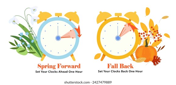 Spring Forward and Fall Back Time. Set of clocks with changing time one hour ahead for springtime and one hour back to wintertime. Concept of Daylight Saving Time Begins and End.