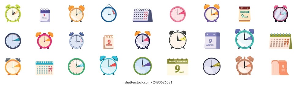 Spring forward icons set. Set of alarm clocks and calendars showing different times and dates of spring and summer for time management concept