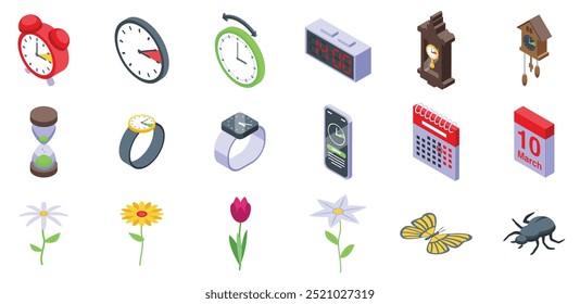 Conjunto de iconos de primavera hacia adelante. Este es un conjunto de iconos isométricos que representan diferentes formas de medir el tiempo, tanto naturales como artificiales