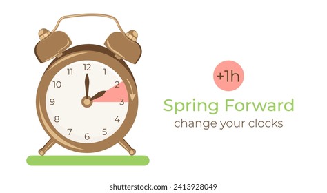 Spring Forward minimalist banner. Set clocks one hour Ahead in March. Hand of alarm turning to Summertime. Daylight Saving Time starts. Springtime concept in flat style.