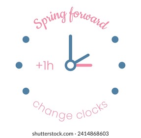 Diseño minimalista de color rosa y azul primaveral. Ilustración vectorial en verano con la cara del reloj y las flechas.