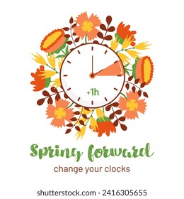 Spring Forward reminder to change clocks. Hand turn to Summertime. Summer time in March minimalist style design. DST illustration in flat style with flowers and leaves isolated on white background.