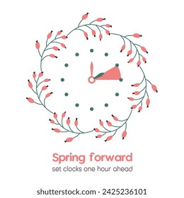 Spring Forward reminder. Vector illustration in flat style with floral frame isolated on white background. Summer time in March