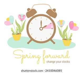 Spring forward, set your clocks ahead one hour. Daylight saving time begins. Alarm-clock with hand points onward. DST starts in USA for banner. Summertime Flat floral design vector illustration.