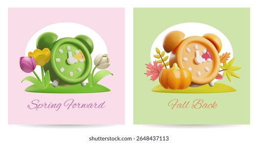 Spring forward, set your clocks ahead one hour. Fall Back, set your clock back one hour 3D cartoon plastic style vector poster designs set. Alarm clock, pumpkin, autumn leaves and spring tulip flowers
