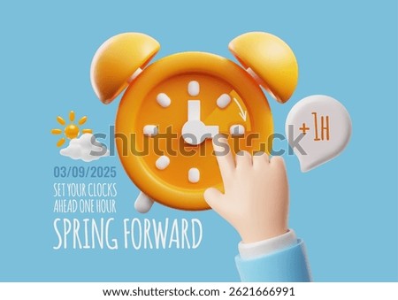 Spring forward, set your clocks ahead one hour. 3D cartoon plastic style vector poster design with hand finger sets the clocks forward by an hour, as dst time begins. Daylight saving time concept