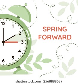 Spring Forward, Summer Time, Daylight saving time. Clock set to an hour ahead. Web banner of alarm clock with green foliage with call to switch to dst.