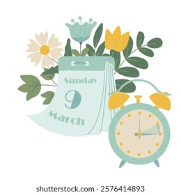 Spring forward in USA and Canada 2025, change clock forward one hour, Daylight Saving Time web reminder banner in flat style. Clocks with arrow turning forward an hour