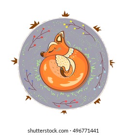 Spring. Fox asleep in the grass. Color vector illustration.