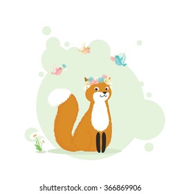 Spring fox in a wreath of flowers. Vector illustration.