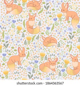 Spring foxes and flora seamless pattern. Vector graphics.