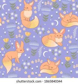 Spring foxes and flora seamless pattern. Vector graphics.