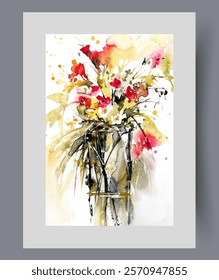 Spring fragrant flowers and herbs in glass vase filled with water on wall art. Watercolor artwork. Print with bouquet of blooming plants and flowers for romantic gift, in frame with decor for poster