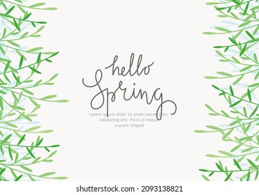 Spring frame banner template with green twigs and leaves on white background. Hello spring lettering. Vector illustration