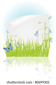 Spring frame with bellflower, green grass and beautiful butterflies