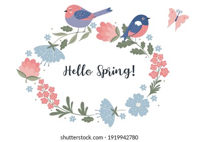 Marco primaveral con pájaros y flores sobre fondo blanco. Gráficos vectoriales.