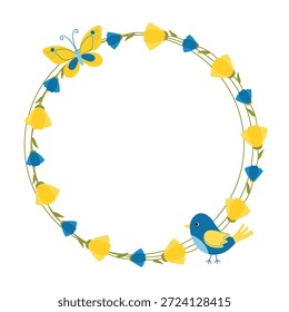 Marco de primavera con flores azules y amarillas, pájaro y mariposa. Elemento decorativo para el diseño, tarjeta de felicitación, invitación, venta, Anuncio.