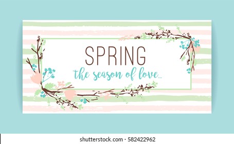 Spring frame of branches and leaves. Spring gentle pastel colors. Hand Drawn  textures. Design for poster, card, invitation, placard, brochure, flyer. Vector.
