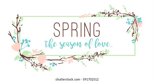 Spring frame of branches and leaves. Spring gentle pastel colors. Hand Drawn textures. Design for poster, card, invitation, placard, brochure, flyer. Vector.