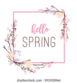 Spring frame of branches and leaves. Spring gentle pastel colors. Hand Drawn textures. Design for poster, card, invitation, placard, brochure, flyer. Vector.