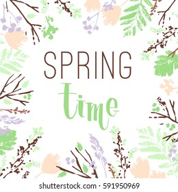 Spring frame of branches and leaves. Spring gentle pastel colors. Hand Drawn textures. Design for poster, card, invitation, placard, brochure, flyer. Vector.