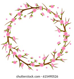 Spring frame with branches of tree and sakura flowers. Seasonal illustration.
