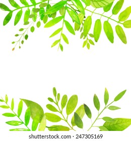 Spring frame with bright green leaves. Vector watercolor illustration. Backdrop for seasonal sales, promo, announcements, etc.