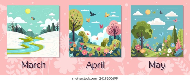 Spring frame calendar with different landscapes of green meadow with butterflies on sky and snowy valley in mountains. Colorful wild flowers blooming. Artistic drawing with flora. Vector illustration