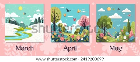 Spring frame calendar with different landscapes of green meadow with butterflies on sky and snowy valley in mountains. Colorful wild flowers blooming. Artistic drawing with flora. Vector illustration