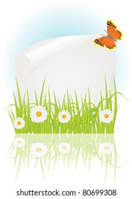 Spring frame with chamomile, green grass and beautiful butterflies