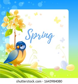 Spring frame with cherry blossom flower, tit bird, egg, garden element. Cute catroon card with titmouse bird, blue sky, green grass background, vintage watercolor color. Text spring, white background