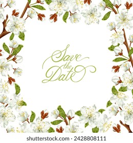 Spring frame with cherry blossoms. White flowers. Wedding invitation, banner, greeting card. Stock vector illustration on a white background.