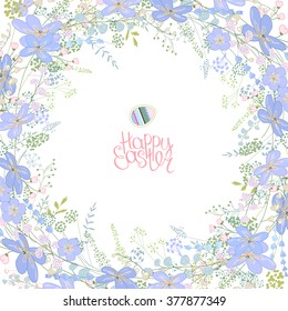 Spring frame with contour blue flowers and herbs. Template for your design, greeting cards, festive announcements, posters.