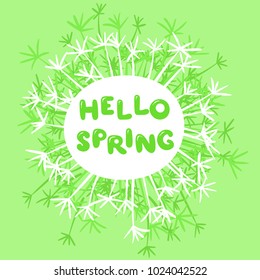 Spring frame with dandelion and green grass. Blowball flower