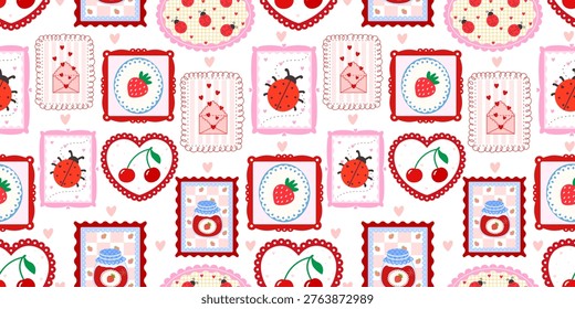 Spring frame flower and floral seamless patchwork with bow cute pattern. Kawaii kid background and coquette stationery plaid with check cottagecore texture. Berry spring ornament and quilt.
