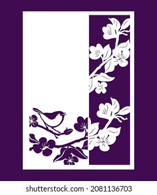 Spring frame with flowers and a bird. Can be used as a postcard or panel.
