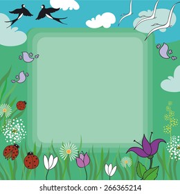 Spring frame with flowers and ladybird