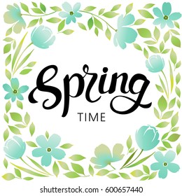Spring frame of flowers and leaves. Spring gentle pastel colors. Hand Drawn textures. Design for poster, card, invitation, placard, brochure. Vector.