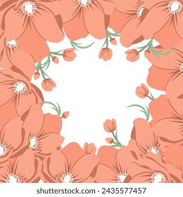 Marco de primavera de flores y brotes de amapola, fondo para invitación, tarjeta de felicitación. texto. Ilustración, vector
