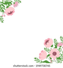 Spring frame with flowers and twigs with space for text in the center. Simple plants, children's drawing for templates, postcards, flyers and designs, vector