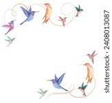 Spring frame with flying hummingbirds in vintage colors. Set of various hummingbirds. Vector image for banner, postcard, discounts, design.