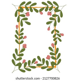 Spring frame in the form of a rectangle with green sprigs of flowers and buds in a cartoon style.
