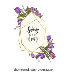 Frühlingsrahmen mit goldenem geometrischem Diamant Formen und handgezeichnete Blumen - Lilien des Tals, Tulpe, Weide, Krokus - einzeln auf Weiß. Goldrahmen für Hochzeiten, Geburtstagseinladungen. Buchstaben