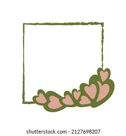 Spring frame in green color with decoration in the form of hearts. Copyspace. Handdrawn.