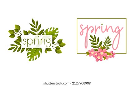 Spring Frame with Green Foliage and Leafy Plant Vector Set