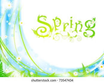 spring frame with green grass and flowers